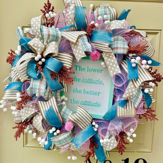 Latitude attitude Beachy Wreath. Coastal Beach Wreath for Front Door – Nautical Cottage Wreath – Seaside Teal, Blue & Pink Door Decor – Ocean-Inspired Summer Wreath for Door