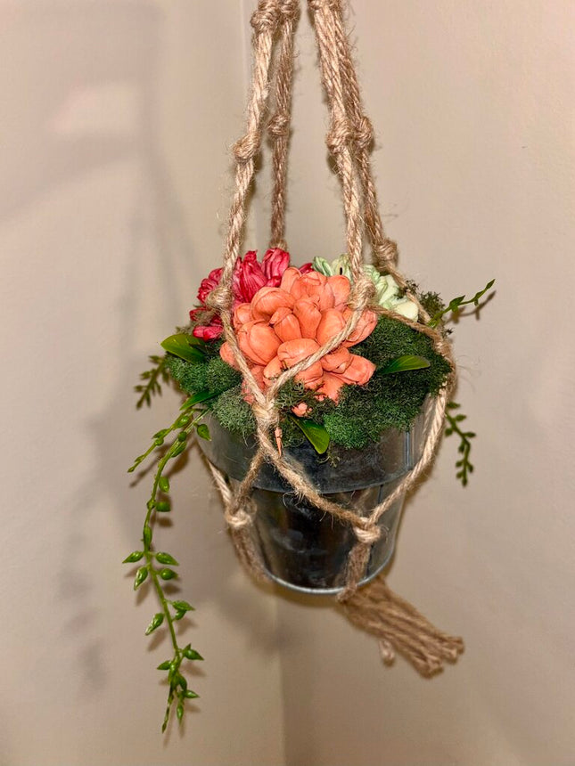 Hanging Tin filled with Sola Wood Flower Succulents