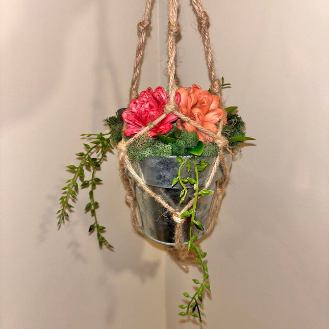Hanging Tin filled with Sola Wood Flower Succulents