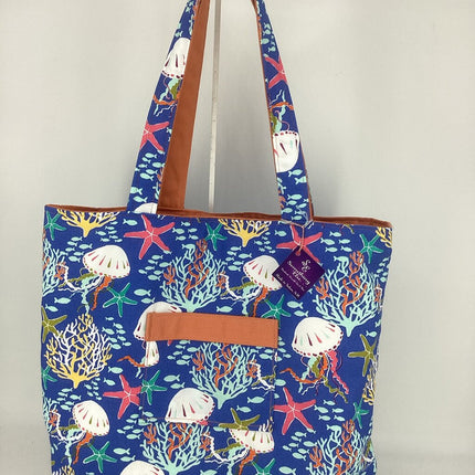 Blue under sea reversible tote w/coral