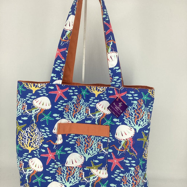 Blue under sea reversible tote w/coral