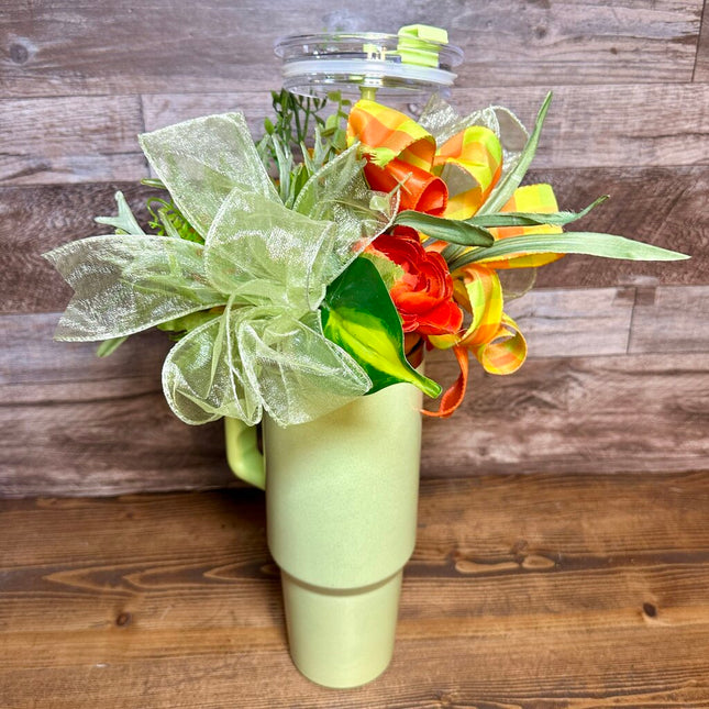 40oz Green Shimmer Floral Tumbler with Terra Cotta Pot Topper, Stainless Steel Gift Cup with Flowers & Bow, Orange Yellow, Two in One