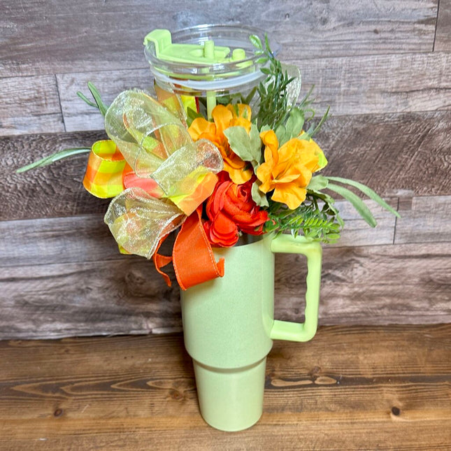 40oz Green Shimmer Floral Tumbler with Terra Cotta Pot Topper, Stainless Steel Gift Cup with Flowers & Bow, Orange Yellow, Two in One