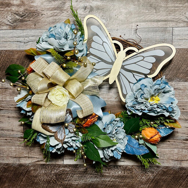 Glam Butterfly Grapevine Wreath with Blue Florals and Greenery, 14 Inch Spring and Summer Door Wreath, Elegant Butterfly Front Door Decor