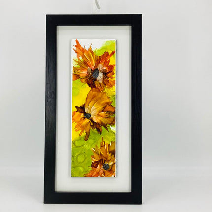 4x13 Tile Orange Flowers on Grn Bkgrd Mounted/Framed