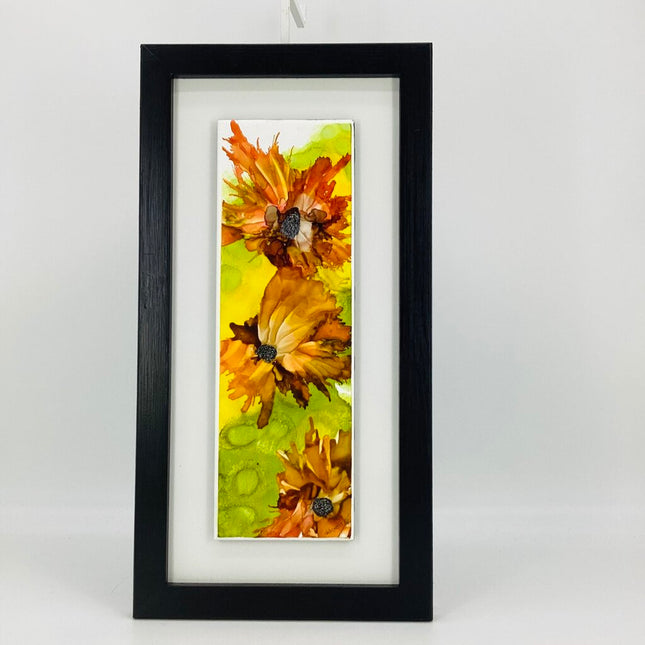 4x13 Tile Orange Flowers on Grn Bkgrd Mounted/Framed