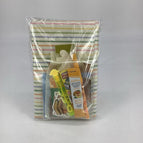 white paper with green, yellow, blue, pink stripes, and yellow decor