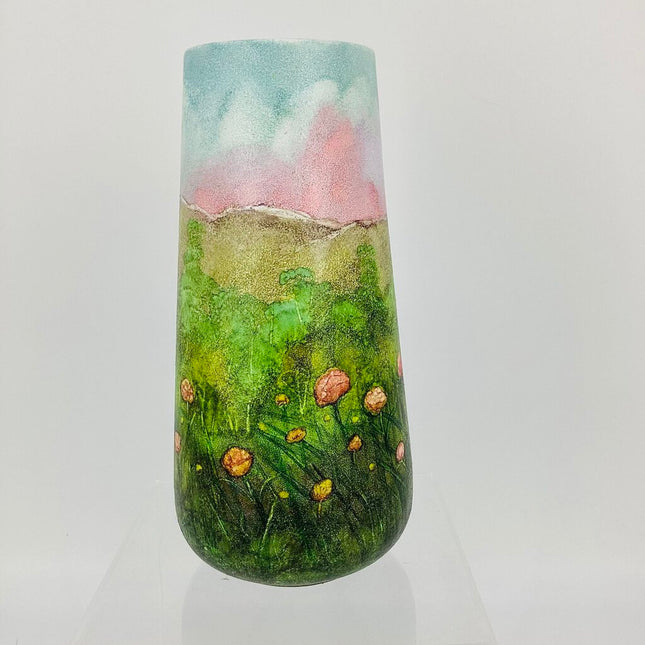 8" Ceramic Vase- Green Fields w/org flowers