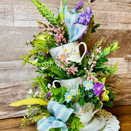 Stacking Vintage Teacup Floral Arrangement - Party Centerpiece - Flowers in a Teacup with Double Saucer Base
