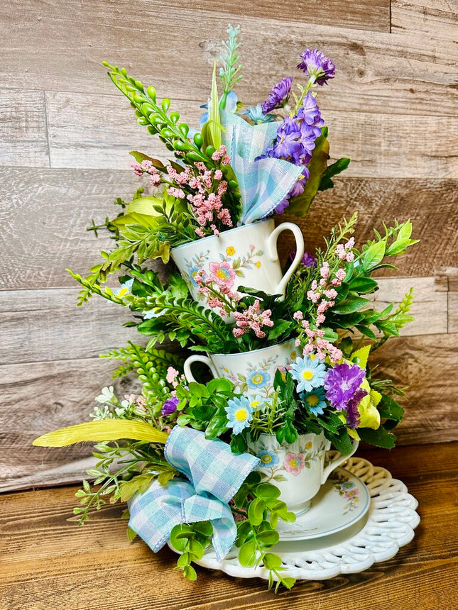 Stacking Vintage Teacup Floral Arrangement - Party Centerpiece - Flowers in a Teacup with Double Saucer Base