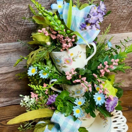 Stacking Vintage Teacup Floral Arrangement - Party Centerpiece - Flowers in a Teacup with Double Saucer Base