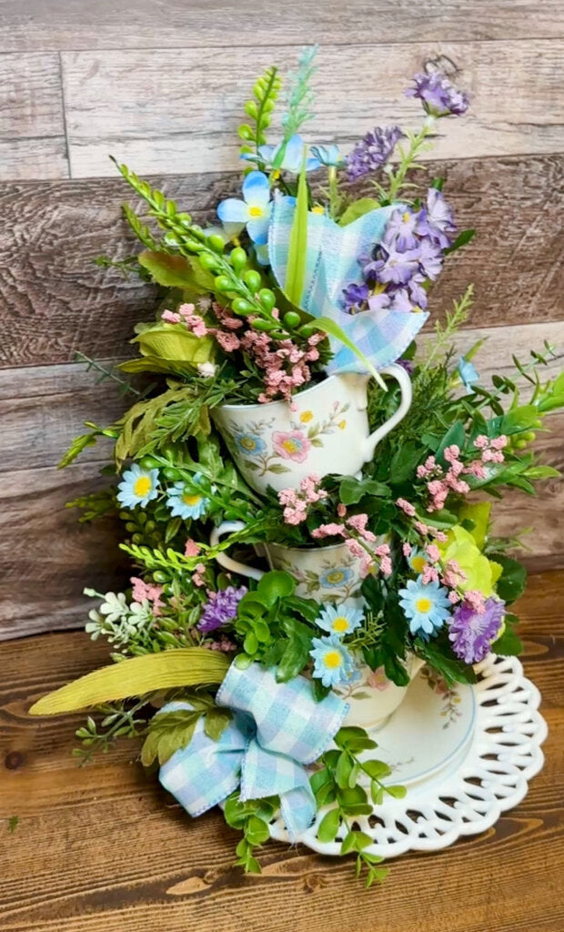 Stacking Vintage Teacup Floral Arrangement - Party Centerpiece - Flowers in a Teacup with Double Saucer Base