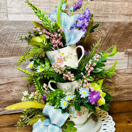 Stacking Vintage Teacup Floral Arrangement - Party Centerpiece - Flowers in a Teacup with Double Saucer Base
