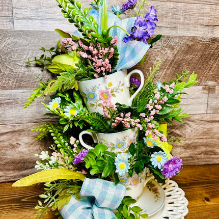 Stacking Vintage Teacup Floral Arrangement - Party Centerpiece - Flowers in a Teacup with Double Saucer Base