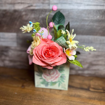 Floral Box Centerpiece - Roses - Pink & Yellow, Floral Arrangement for your Table, Desk, Small Floral Decor