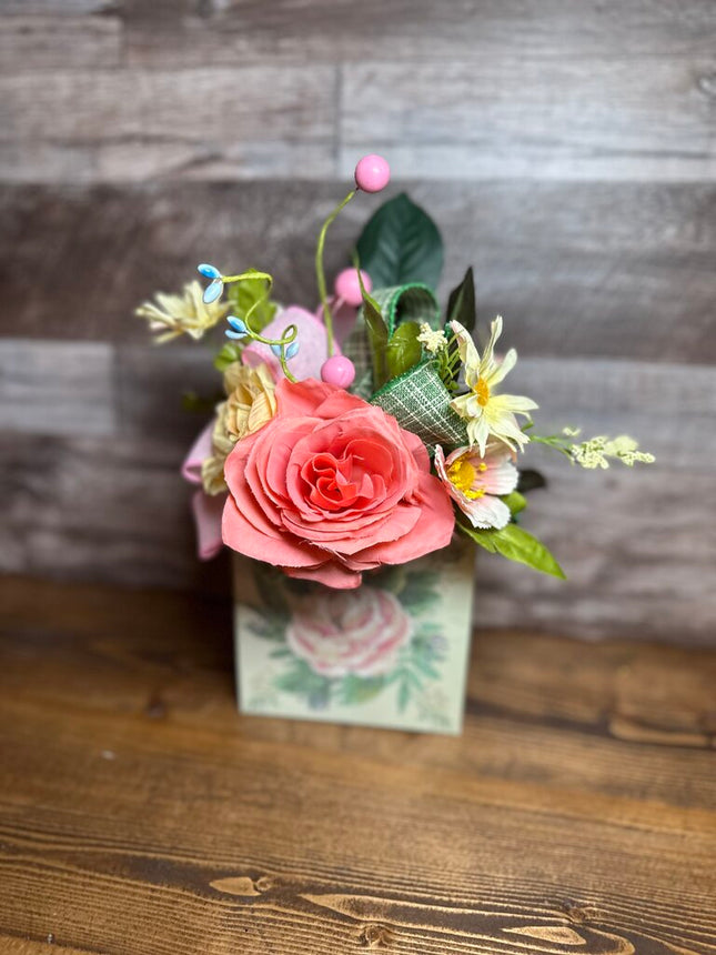 Floral Box Centerpiece - Roses - Pink & Yellow, Floral Arrangement for your Table, Desk, Small Floral Decor