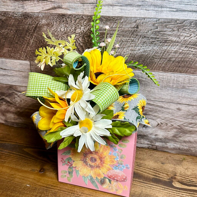 Floral Box Centerpiece - Roses - Sunflower Yellow & Green, Floral Arrangement for your Table, Desk, Small Floral Decor