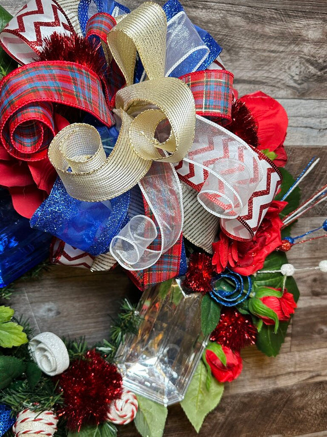 Patriotic Gem Wreath with Handmade Bow, Red White and Blue Wreath for Front Door, 4th of July, Summer, Patriotic Wreath