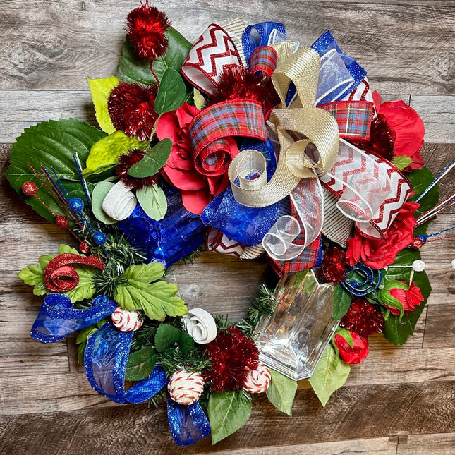 Patriotic Gem Wreath with Handmade Bow, Red White and Blue Wreath for Front Door, 4th of July, Summer, Patriotic Wreath