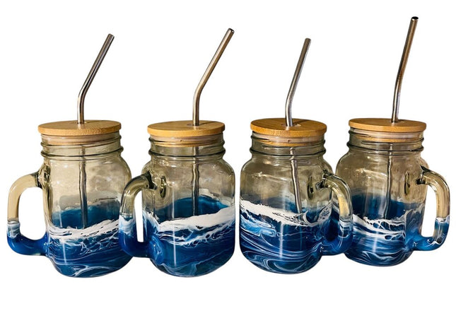 Mason Jar with Bamboo Top Blue