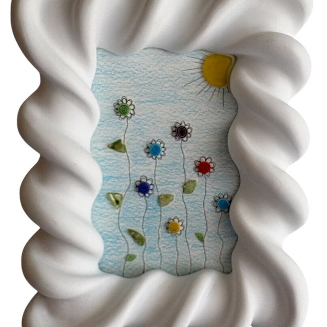 white wave frame, color pencil background