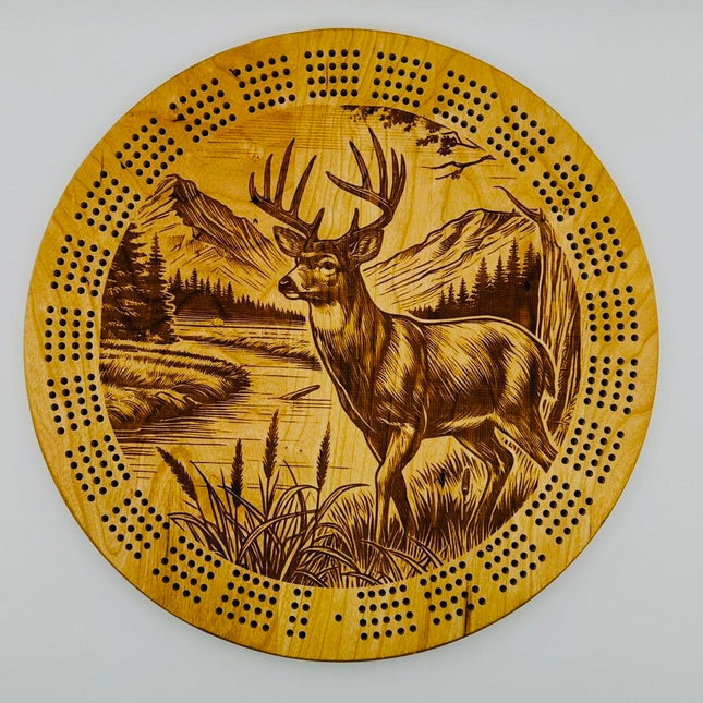 Round Cribbage Board with Deer Scene