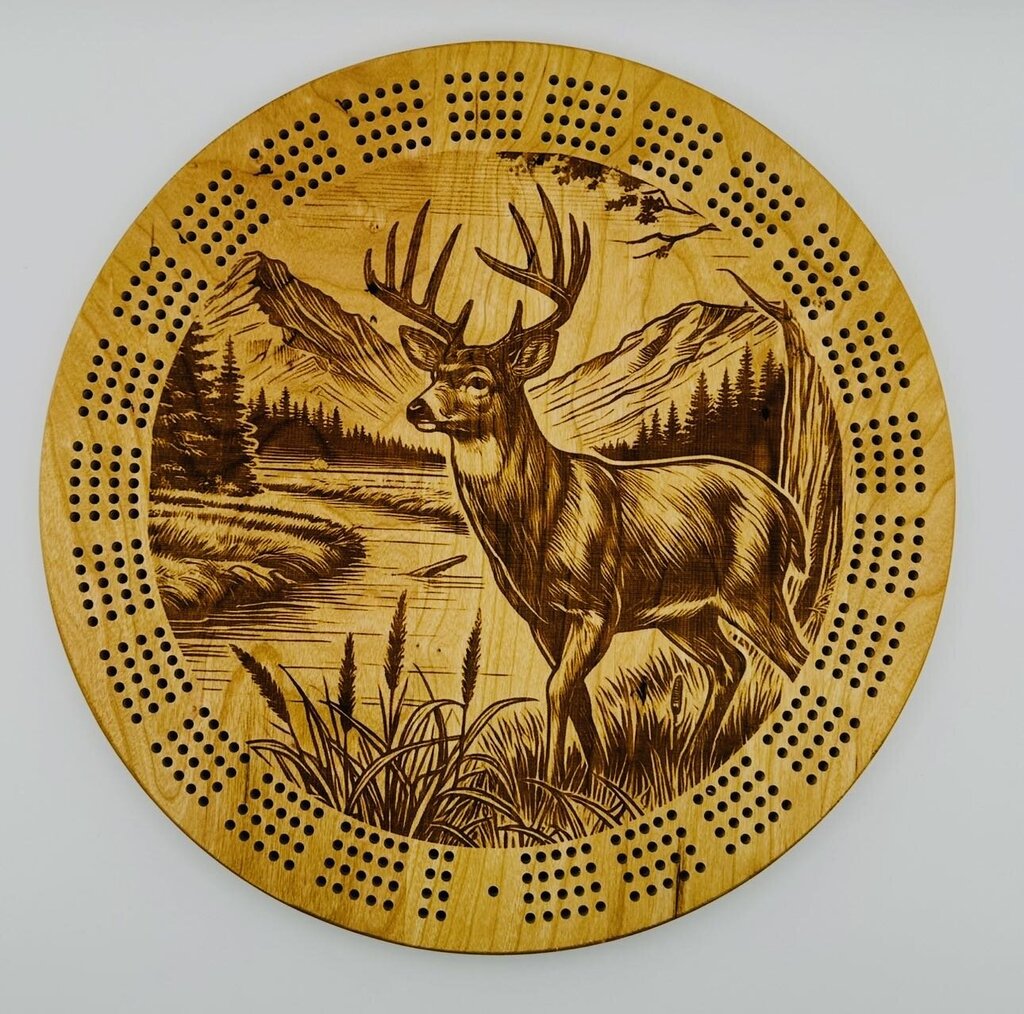 Round Cribbage Board with Deer Scene