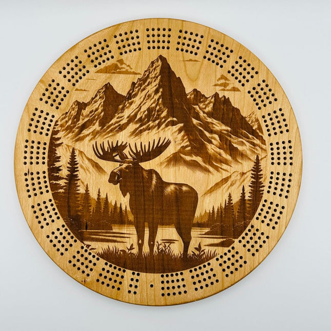 Round Cribbage Board with Moose Scene