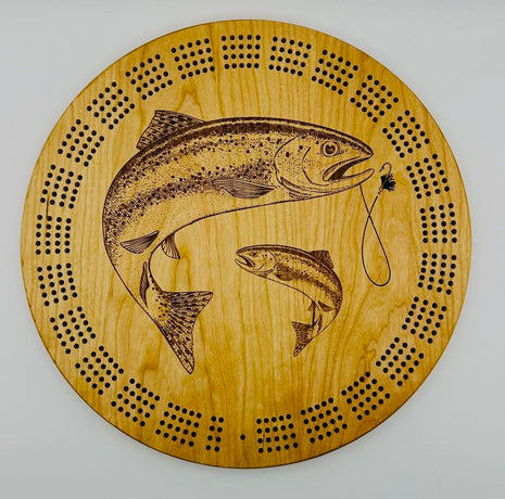 Round Cribbage Board with Trout