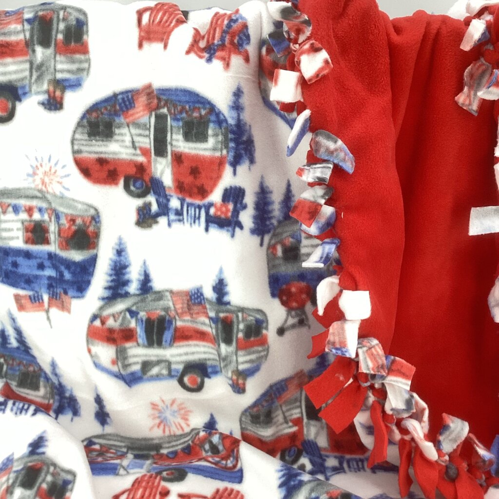 Reversible Fleece blanket red, wh. ,and blue camping w/ red