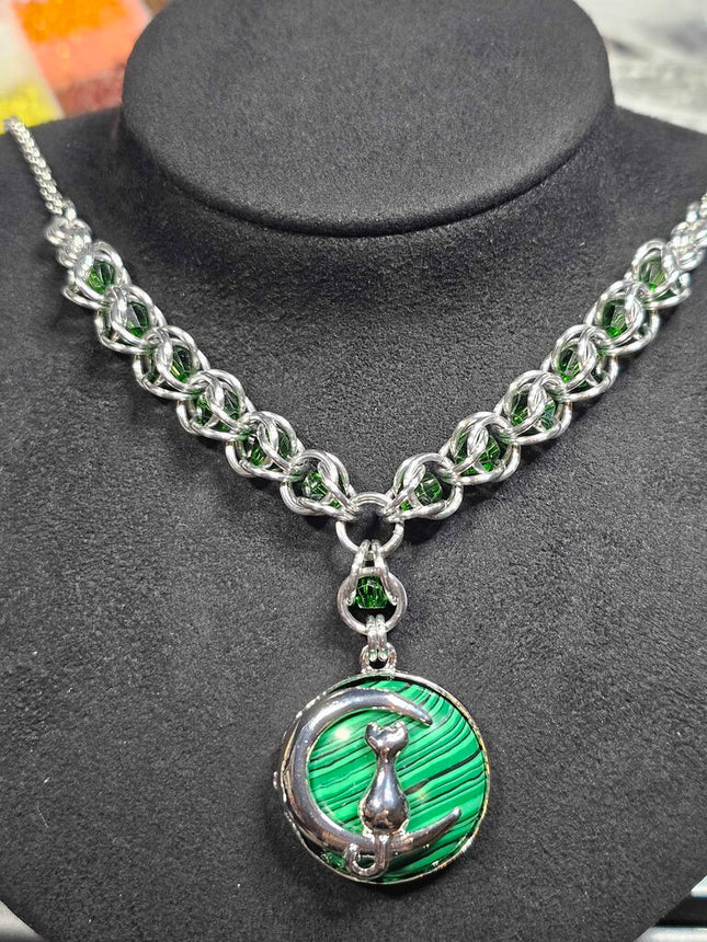 Malachite Cat On Moon Captured Bead Necklace