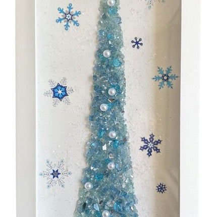 shadowbox white frame with crushed blue glass