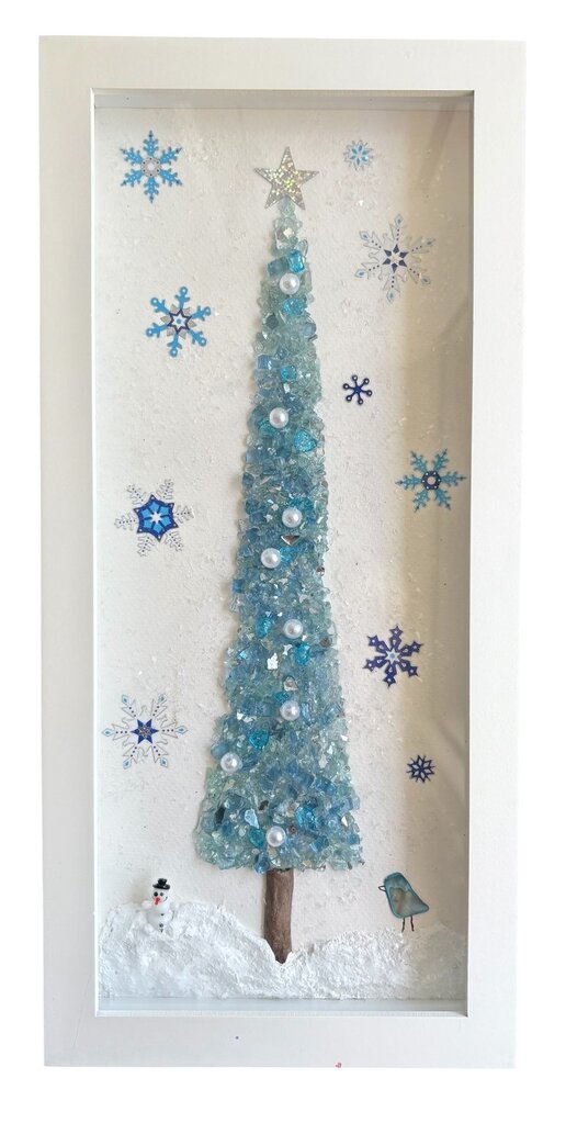 shadowbox white frame with crushed blue glass