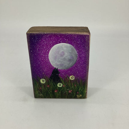 Purple Cat & Moon Wood Block Shelf Sitter