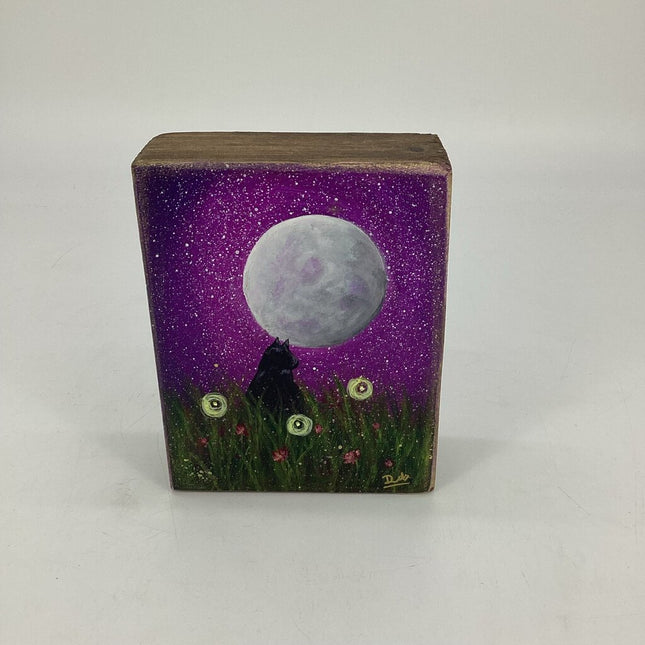 Purple Cat & Moon Wood Block Shelf Sitter