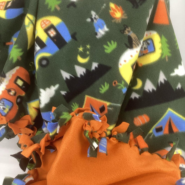 Fleece blanket green camping w/ orange