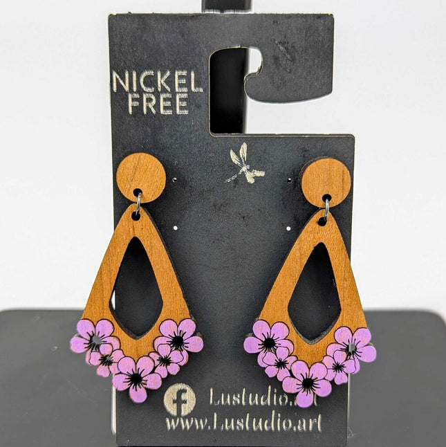 Earrings - Teardrop Lower border Flowers Solid Cherry Wood