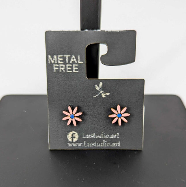 Earrings Stud Metal Free - Flower Light Pink and blue