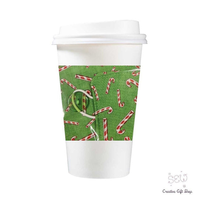 Candy Cane on Green Fabric Coffee Cup Sleeve