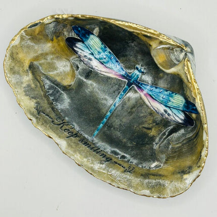 "Keep Smiling" Dragonfly Clam Dish on natural shell