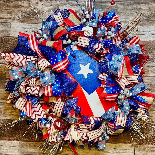 Handmade Patriotic Wooden Tag Wreath - Red, White & Blue Door Decor