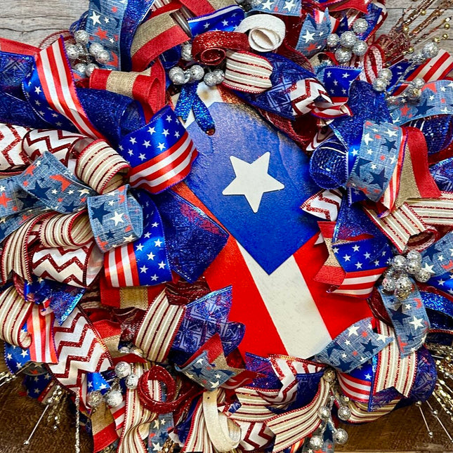 Handmade Patriotic Wooden Tag Wreath - Red, White & Blue Door Decor