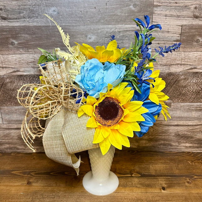 Vintage Milk Glass Sunflower Arrangement - Floral Decor