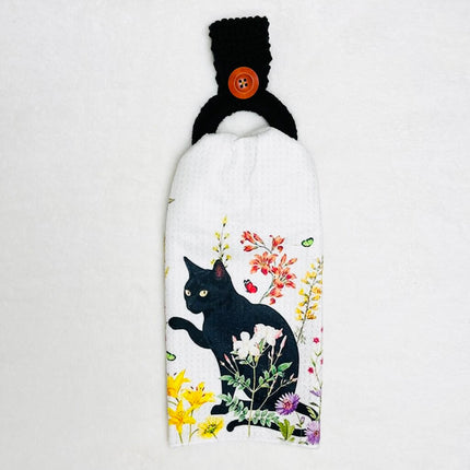Hanging Towel Set - Black Cat with Flowers