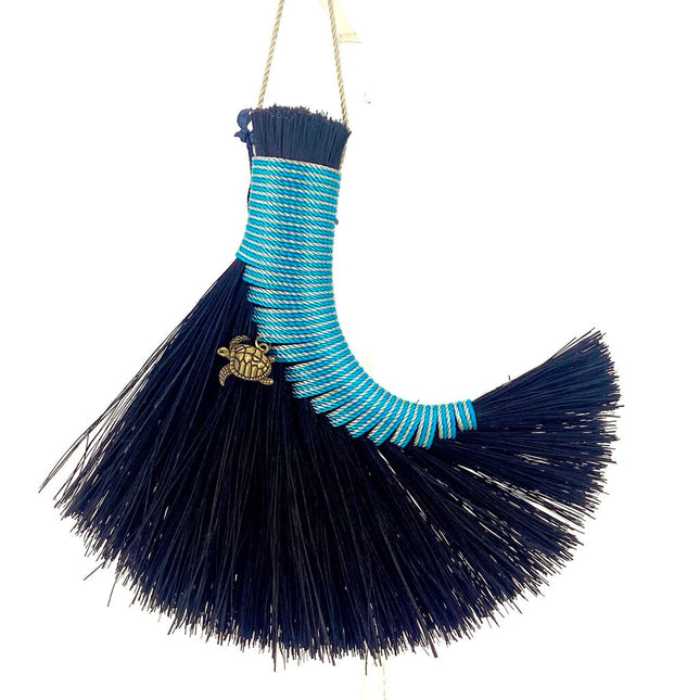 Turkey Wing Altar Broom, Black with Blue and Grey, Turtle Charm, LACT474