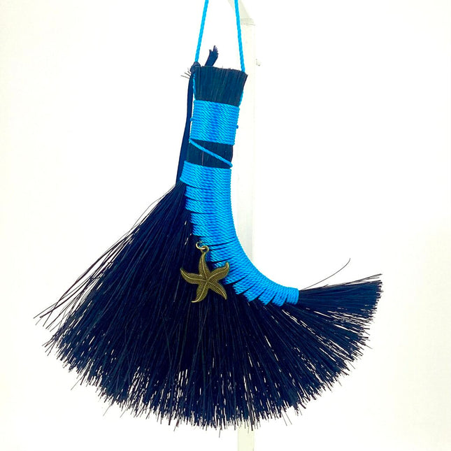 Turkey Wing Altar Broom, Black with Blue, Star Fish Charm, LACT300
