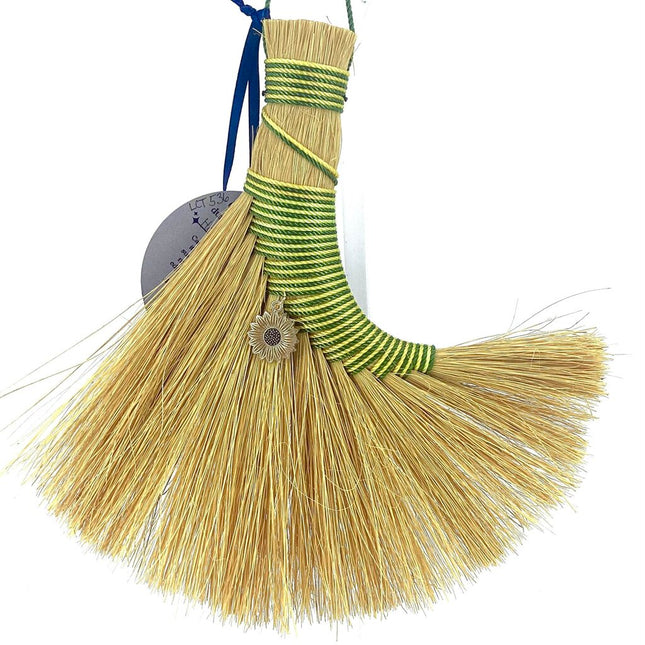 Turkey Wing Altar Broom, Hand Dyed Fiber, Green & Yellow, Sunflower Charm LCT536