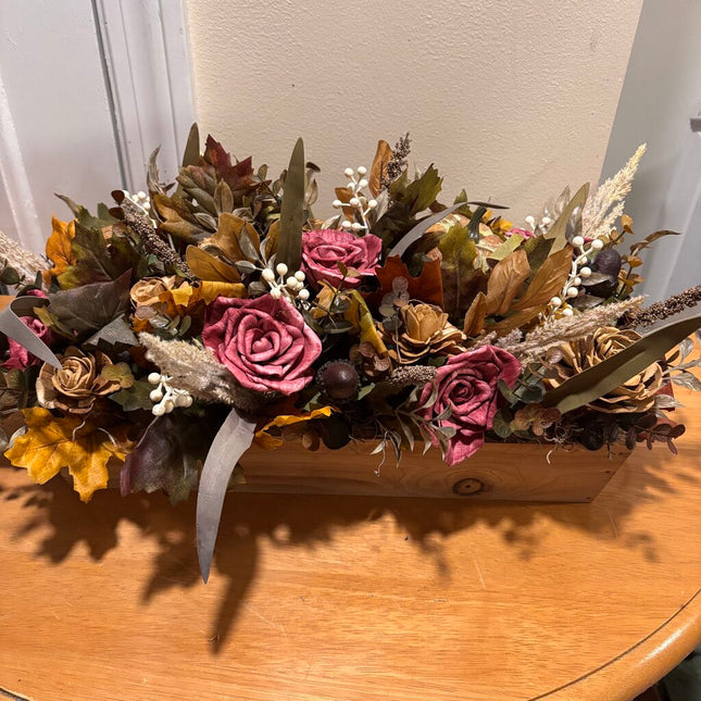 Fall Arrangement with Pumpkin and Sola Wood Flowers in wooden box