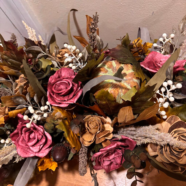 Fall Arrangement with Pumpkin and Sola Wood Flowers in wooden box