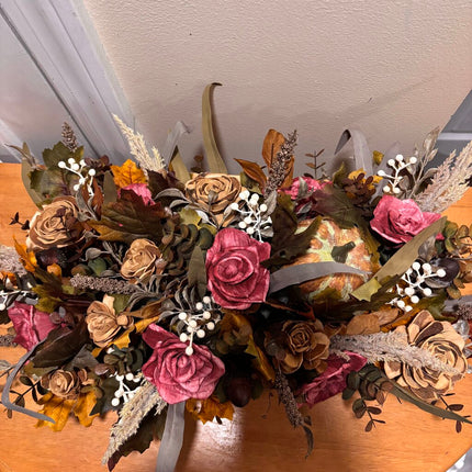 Fall Arrangement with Pumpkin and Sola Wood Flowers in wooden box